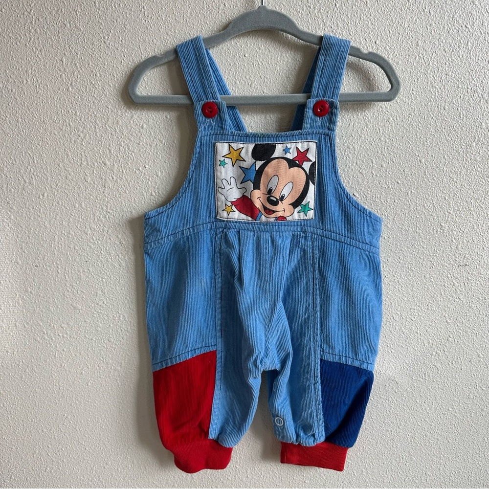 Vintage Baby Mickey Mouse Blue Overalls with Red and Navy Blue Patches